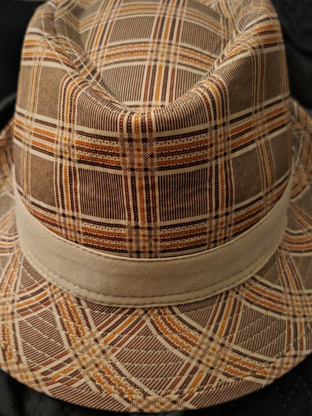 Brown/Tan Plaid Fedora with Cream Band, NWT